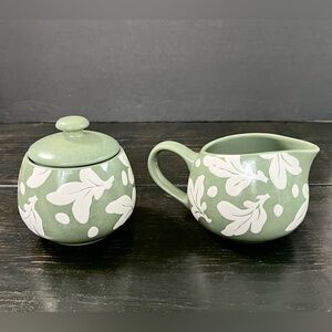 Olive Green Cream & Sugar w Lid-Falling White Leaves By Dansk Sirena-Liora Manne